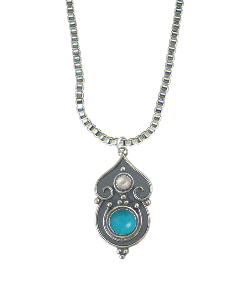 Sterling Silver Necklace Turquoise And Cultured Freshwater Pearl